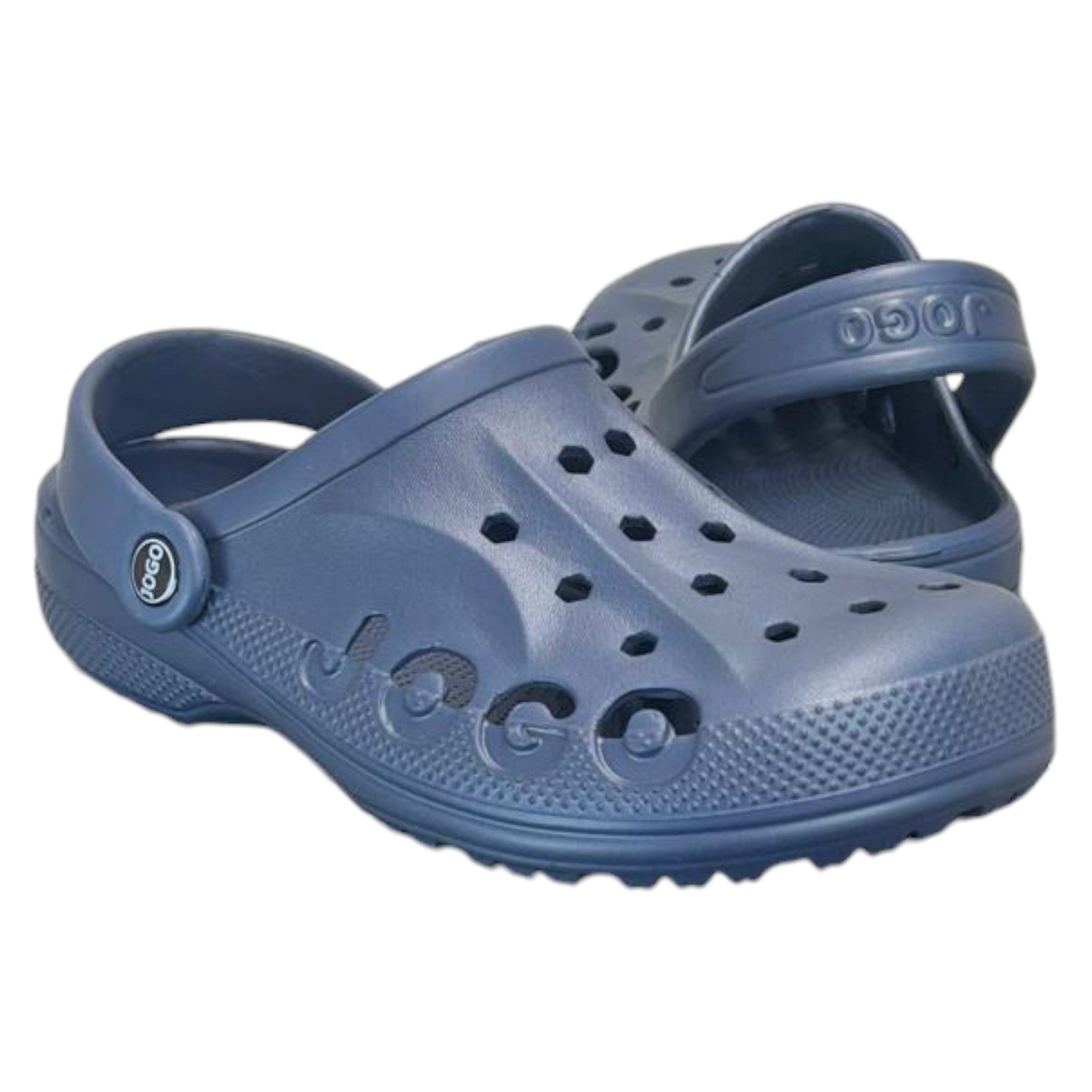 Mens Navy Jogo clogs with breathable ventilation holes and adjustable heel strap – lightweight unisex slip-on garden shoes